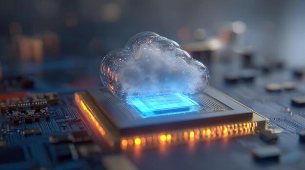 Cloud Computing Technology Digital Cloud Symbol on a Microprocessor Illustrating Modern Computing Concepts photo