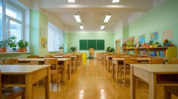 Empty Classroom with Wooden Desks and Green Chalkboard, Education and Learning Environment photo