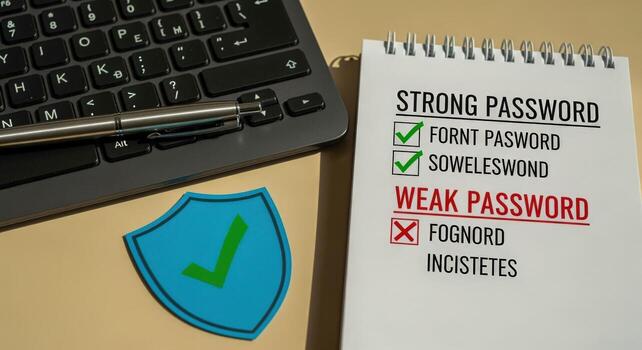 Password Security Concept Notebook Displaying Strong and Weak Passwords with Keyboard and Pen photo