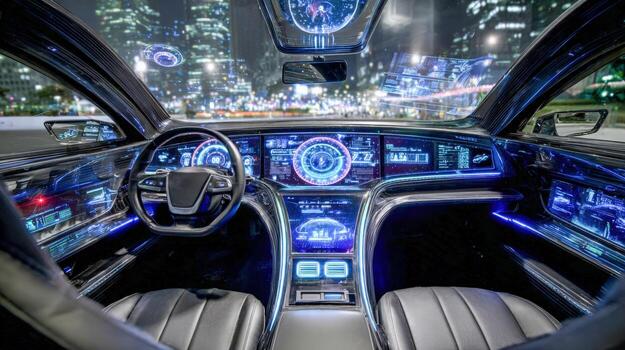 Futuristic Autonomous Car Interior at Night with Digital Display and Cityscape View photo