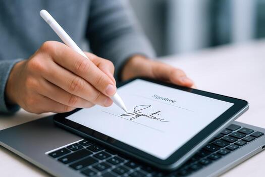 Digital Signature on Tablet Close-up of Hand Holding Stylus Pen Over Laptop for E-Signing photo