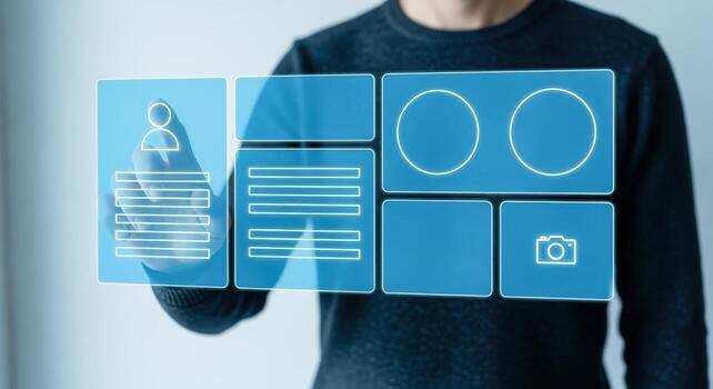 Interactive Interface Man Interacting with a Futuristic Touchscreen Display for Data Visualization and Control photo