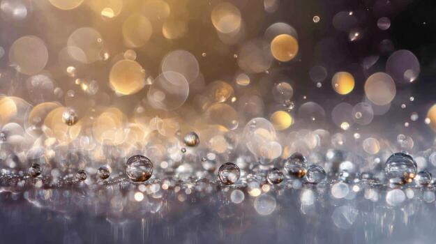Abstract Sparkling Water Droplets on a Silver Surface with Bokeh Background for Luxury Products photo