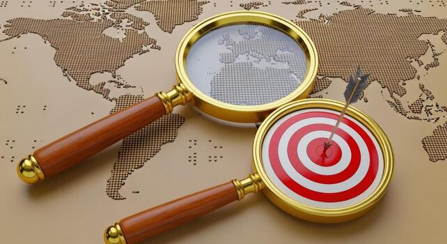 Global Business Strategy Magnifying Glass Over World Map with Target Showing Market Analysis photo