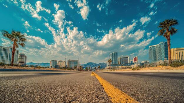 Wide angle view of Las Vegas Boulevard road leading to modern architecture under a partly cloudy blue sky photo