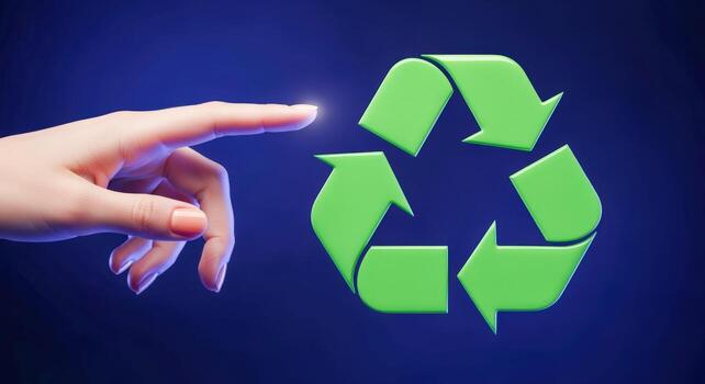 Recycling Concept A Hand Touching a Green Recycle Symbol in a 3D Render Environment photo