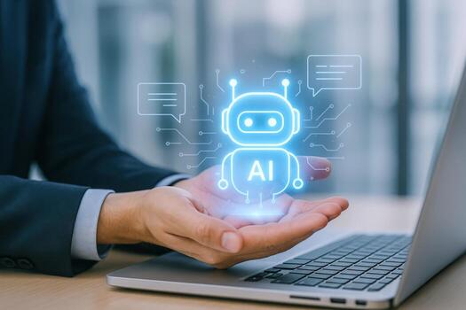 AI Assistant Concept Business Professional Holding a Holographic Chatbot Interface Above Laptop for Digital Transformation photo