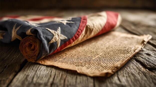 Patriotic Symbolism Featuring Rolled Flag and Ancient Script on Rustic Wood, Ideal for Historical Projects photo