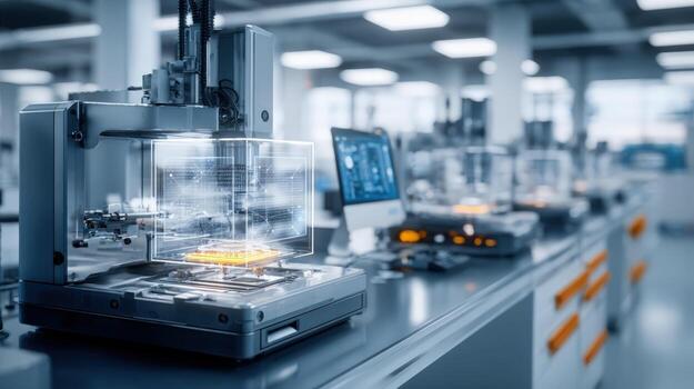 Automated Robotic Equipment in Modern Laboratory for Research, Manufacturing and Testing, Cleanroom Environment, Industry 40 photo