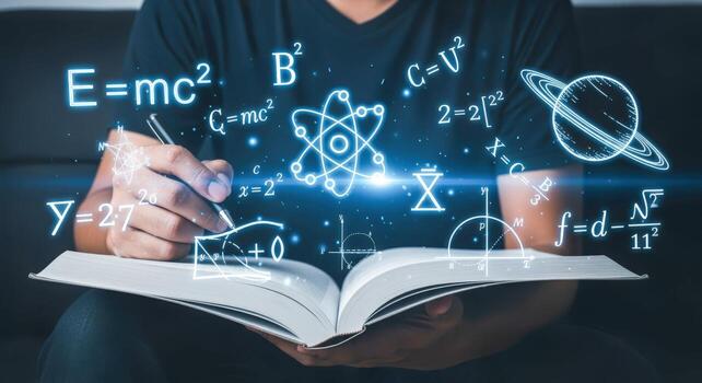 Conceptual depiction of scientific study with formulas, a person with open book and pen engaged in learning photo