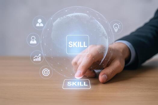 Skill Development Concept with Hand Touching Holographic Button for Growth and Expertise in Business photo