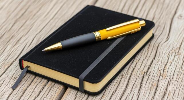 Black notebook with golden pen on wooden table, representing planning, journaling, or creative writing concepts photo