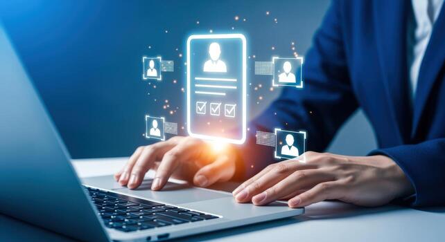 Digital Recruitment Concept Person Using Laptop for Online Job Search and Candidate Selection Process photo