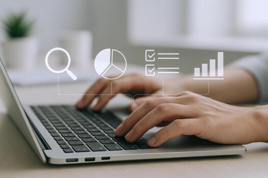 Data Analysis on Laptop Person Typing with Data Visualization Overlays for Business Insights photo