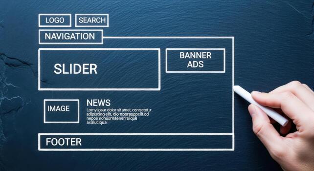 Website Wireframe Sketch Drawn on Blackboard with Hand Holding Chalk, Representing Design Process and User Experience photo