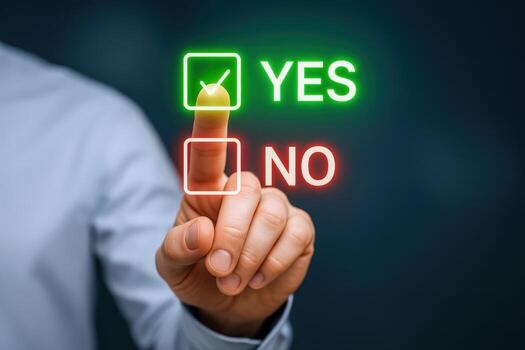 decisión haciendo mano seleccionando si en un digital interfaz con verde confirmación resplandor foto