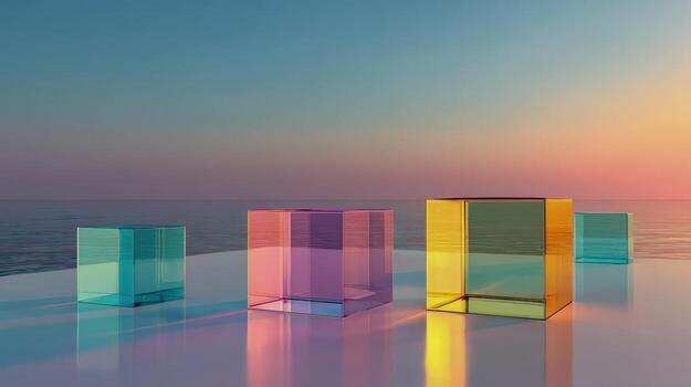 Colorful Transparent Cubes on Glossy Surface with Ocean Background, Perfect for Product Display and Mockups photo