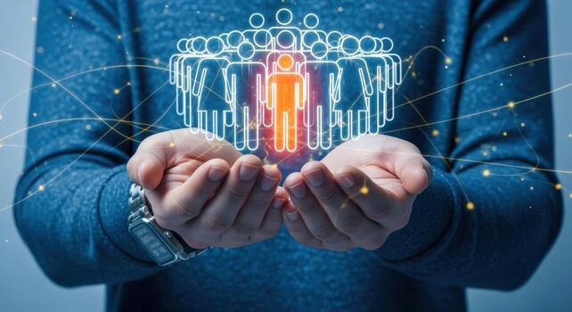 Leadership Concept Person Standing Out From Crowd with Hands Holding a Network Representation photo