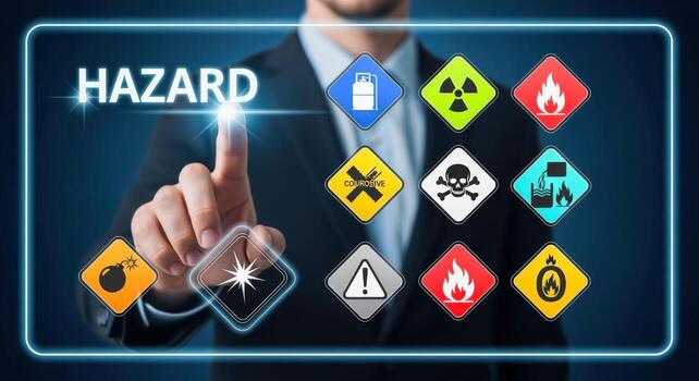 Hazard Warning Signage Interface with Businessman Touching Screen Displaying Explosive, Radioactive, and Flammable Symbols photo