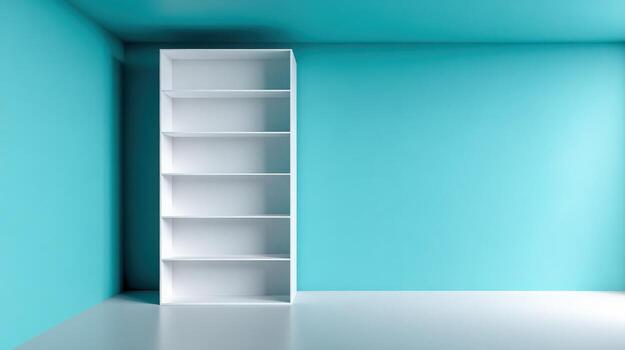 Minimalist Interior with Empty White Bookshelf Against Turquoise Wall in a Modern Space photo