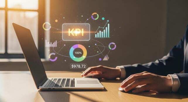 Analyzing Business Performance Businessman Reviewing Key Performance Indicators KPIs on Laptop Display for Strategic Growth photo