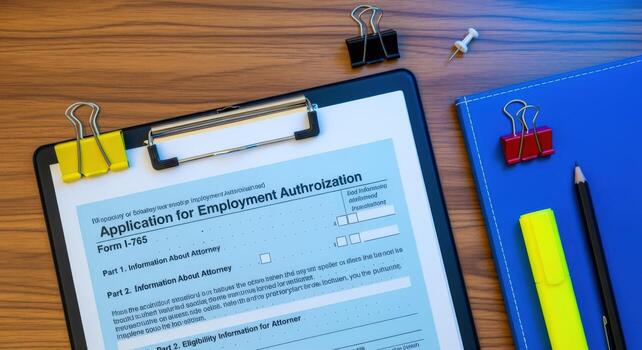 Application for Employment Authorization Form I-765 on a Clipboard Ready for Completion on Office Table photo