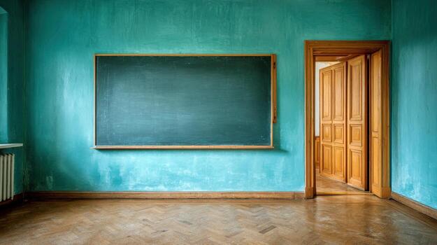Empty Classroom with Chalkboard and Open Door, Depicting Education, Learning and New Beginnings photo