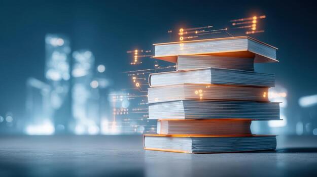 Stack of Books with Glowing Data Overlay on Cityscape Background, Symbolizing Knowledge and Technology photo
