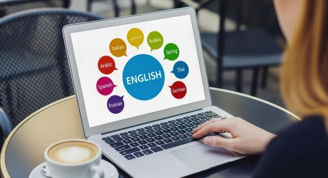 Woman learning foreign languages online with laptop and coffee in cafe for educational content photo