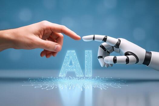 Human and Robot Hand Touching AI Text on Digital Surface, Future Technology Innovation photo