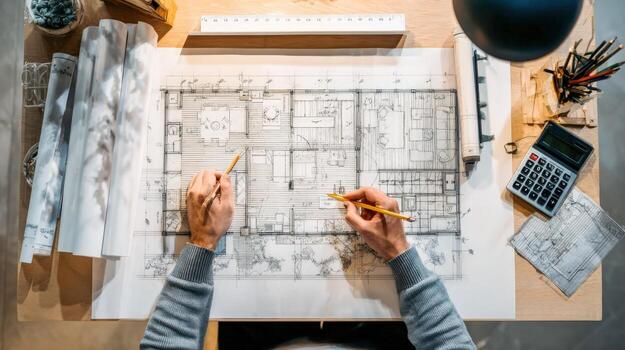 arquitectónico Plano diseño manos redacción un detallado casa plan con precisión herramientas en un de madera escritorio foto