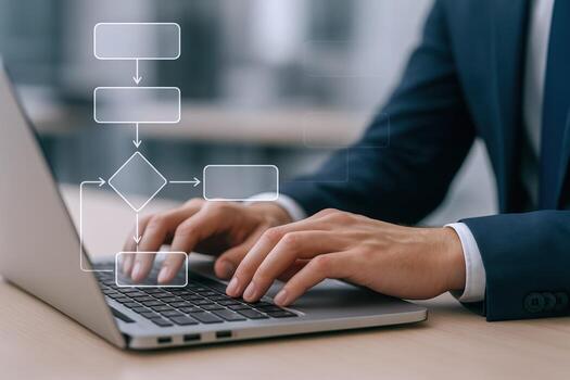 Business Professional Creating Flowchart on Laptop, Illustrating Process Optimization and Workflow Management in Modern Office photo