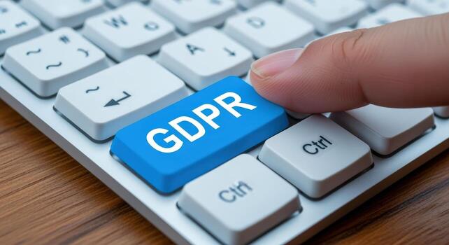 Person presses the blue GDPR button on a white keyboard to ensure data protection photo