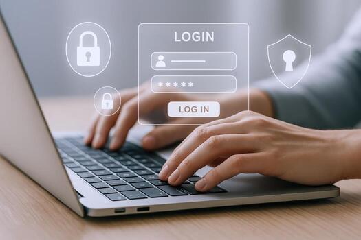 seguro en línea acceso persona mecanografía iniciar sesión cartas credenciales en ordenador portátil con seguridad íconos cubrir foto