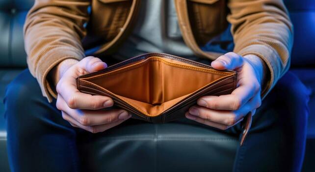 Empty wallet held by a man symbolizing financial distress and economic hardship during tough times photo