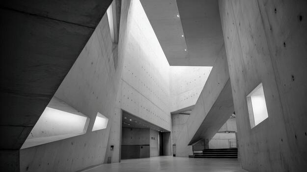 sorprendentes interior arquitectura presentando geométrico hormigón diseño, natural luz, y dinámica anglos en un moderno edificio foto