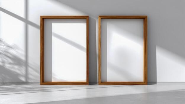 Two Wooden Frame Mockups Standing on Floor with Sunlight and Shadow Overlay for Display photo
