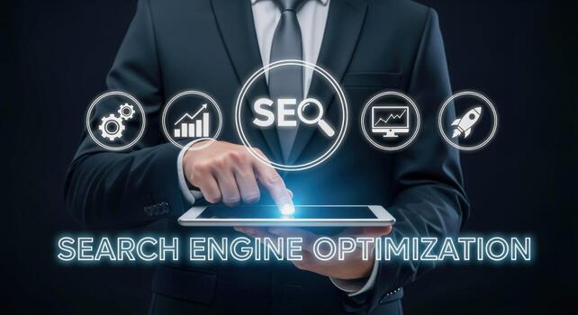 Search Engine Optimization Concept Businessman Holding Tablet with SEO Icons for Website Ranking and Digital Marketing photo