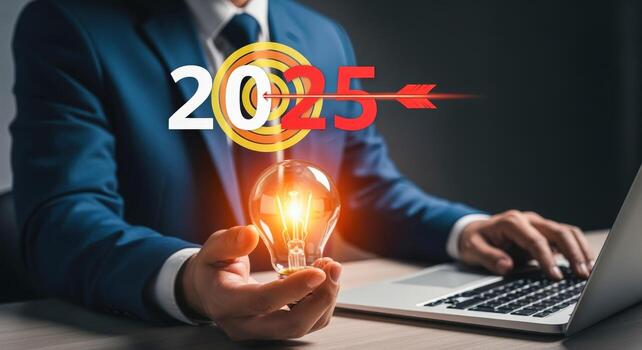 Business Vision for 2025 Man Holding Lightbulb with Target and Arrow, Representing Innovation and Goals photo