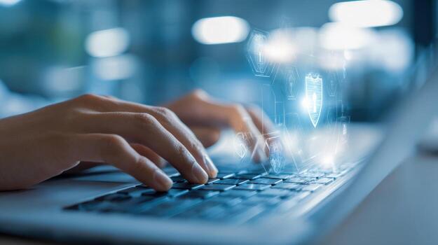 Hands Typing on Laptop with Cyber Security Shield Overlay, Emphasizing Digital Safety and Data Protection photo