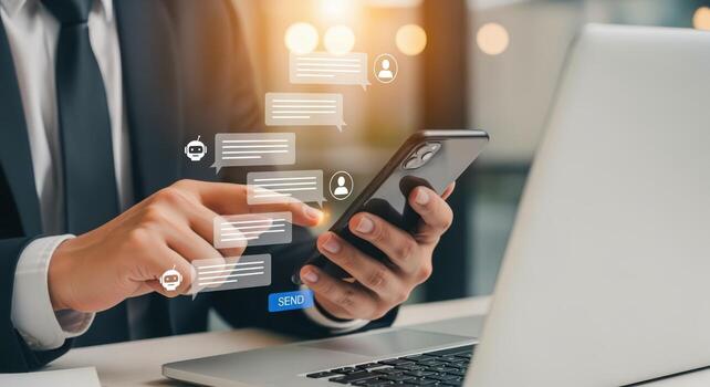 Man Interacting with AI Chatbot on Smartphone, Enhancing Customer Service and Communication Efficiency photo