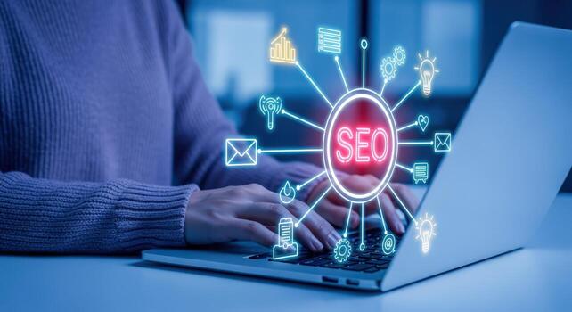 SEO Specialist Optimizing Website Ranking on Laptop, Digital Marketing Strategy, Search Engine Optimization Technology photo