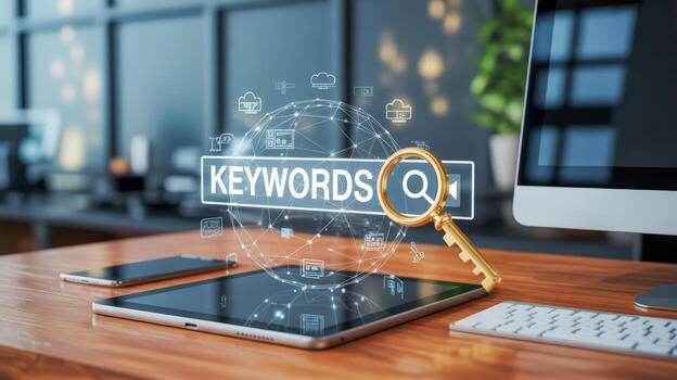 Keyword Search Concept with Magnifying Glass, Digital Tablet, Keyboard and Monitor on a Wooden Desk photo