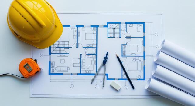 Architectural Blueprint Layout with Hard Hat, Measuring Tape and Drafting Tools on White Background photo