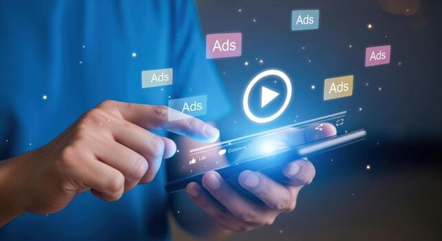 Mobile Advertising Strategy Person Tapping Play Button with Floating Ads, Modern Digital Marketing Concept photo
