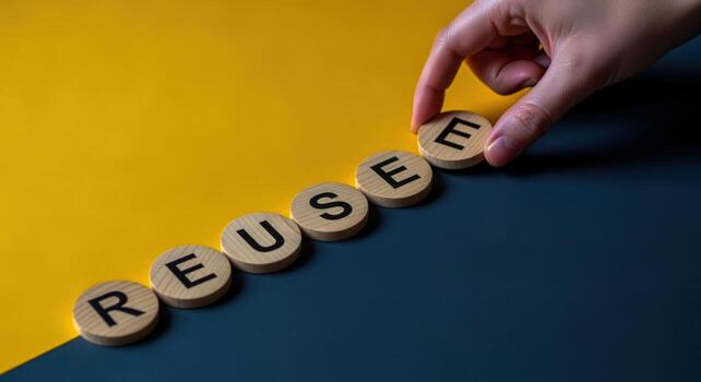 Concept Image Showcasing the Word Reuse with Wooden Circular Letter Tiles on a Yellow and Grey Background photo