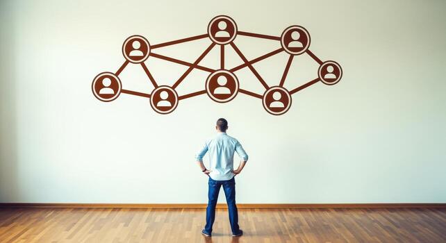 Man Contemplating Social Network Diagram on Wall Connectivity, Communication, and Business Strategy Concept photo