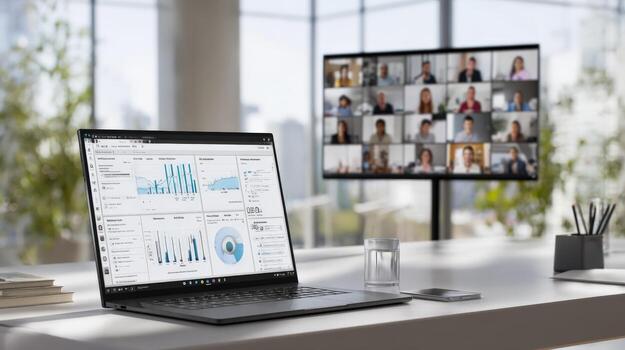 Laptop Displaying Data Analytics Dashboard with Conference on Monitor in Modern Office Setting photo