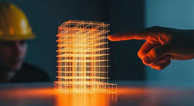 Architectural Design Man Interacting with a 3D Model, Showcasing Innovation and Modern Building Technology photo