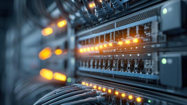 Network Server Rack with Cables and Lights Data Center Equipment for Connectivity and Processing photo